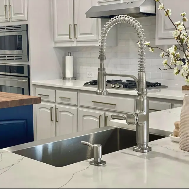 Kitchen sink with a pro spring faucet and quartz counters